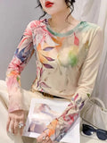 Spring Summer Intimated Silk Fabric T-shirts For Women Fairy Printing Floral Tee Shirt Female Slim High Stretch
