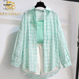 Women 3 Pieces Shorts Sets Summer Korean Knitted Vest+plaid Long Sleeve Sunscreen Coat+ Denim Shorts Sets Casual Women
