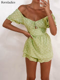 Polka Dot Women's Suits Summer V-Neck Hollow Out Lace Up Lantern Sleeve Prairie 2 Pieces Elastic Waist Shorts