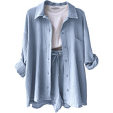 Women's Wrinkle Collar Long-Sleeved Shirt High-Waisted Rope Shorts Fashion Casual Two-Piece