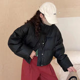 PU Leather Short White Duck Down Down Jacket Female 2024 Winter New Fashion Standing Collar Wash Loose Small Coat-Outfit
