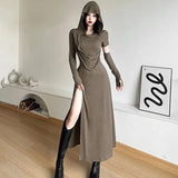Zingj New Autumn Sexy Hot Girl Wind High Collar Slit Music Festival Niche Shoulder Show Thin Dress-Outfit
