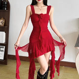Summer Women's New Temperament Pure Hot Girl Hanging Lotus Leaves Side Irregular Waist Dress Dress