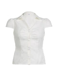 Short Sleeve V-Neck Plain Ruched Shirt- Outfit