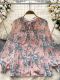 Korean Print Chiffon Shirt Bow Neck Long Sleeves Loose Leopard Top Casual Paisley Vintage Floral Blouse Spring