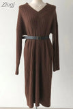 Loose Waist Solid Korean Thick Knitwear V-Neck Woman Warm Dresses Sweater Dress Women Knitted Clothes Autumn Winter
