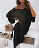 Solid Color V-Neck Drop Shoulder Split Hem Open Knit Sweater Casual Oversized Sweater Womens Pullover
