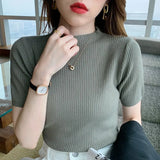 Summer Knitted Thin Sweater Pullovers Korean Half Sleeve Turtleneck Sweater for Women Slim Jumper Tops Office