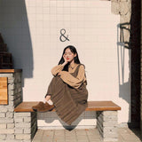 Women Autumn 2PCS Set Vintage Korean High Waist Plaid Preppy Style Brace Strap A-Line Pleated Dress Puff Sleeve Top Blouse