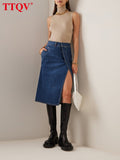 Fashion Dark Blue Jeans Skirts For Women Autumn Elegant High Waisted Knee-length Skirts Casual Straight Skirts