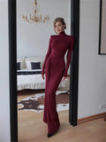 And Winter Fashion Women's High-Necked Long-Sleeved Splicing Strap To Close The Waist-Repair Temperament Solid-Colored Dress