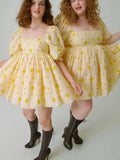 Square Neck Pleated A-Line Dress Spring Summer Short Sleeve Loose Floral Print Dress Women Elegant Puff Sleeve Party