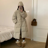 East Gate Korean Horn Buckle Long Down Jacket Female 2024 Winter Temperament Over The Knee And Thick White Duck Velvet Coat Tide-Outfit