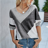 V-Neck Long Sleeve Loose Patchwork Print T-Shirt Spring Autumn Casual Fashion Top 2022 Women Comfortable Pullovers