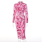 Women Autumn Winter Long Sleeve Printed Bodycon Pink Pencil Midi Dress Streetwear 2021 Fall Wholesale Lots Bulk