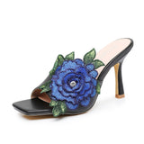 Cm Square Head High Heel Sandals Slippers Wine Glasses And Temperament Embroidered Flowers Women's Shoes White Fish Mouth Light