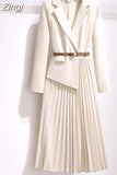 Women's Dress Notched Chiffon Elegant Dresses for Women 2023 Spring Pleated White Dress Belt Knee-Length Solid OL Woman