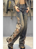 Y2K Streetwear Harajuku Butterfly Decoration Denim Pants Women's High Waist Embroidery Loose Straight Hole Ripped