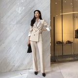Women Fashion Long Sleeve Blazer With Belt Pants Suit Set Office Lady Two Piece Sets