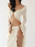 Women Ruffles 2 Piece Skirt Set Long Sleeve Mesh See Through Shirts Tops Low Waist High Split Skirts Outfits Clubwear 211-1-Outfit