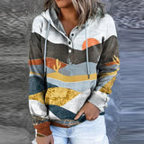 Winter New Fahsion Casual Drawstring Button Tops Pullover Hoodies Women Vintage Landscape Printed Hooded Sweatshirts