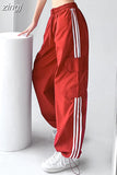 Streetwear Striped Cargo Pants Women High Waist Pockets Americam Casual Trousers Harajuku Loose Chic Patchwork