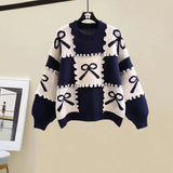 Bow Checkered Patchwork Sweater-Outfit