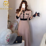 Autumn Korean Knitted Women Long Pleated Dress Women Long Sleeve Single-breasted A-line Dresses Elegant Ladies