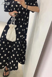 Fashion Women Puff Sleeve Polka Dot Dress Casual Office Loose Black Dress Korea Ladies Womens Pullover Long Print