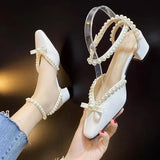 Zingj Girl Knot Pearl Baotou Single Shoes Women's Heel Thick Heel Retro Mary Jane Shoes 2024 New Sandal