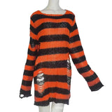 Zingj Hole Hollow Out In The Long Sweater Female Stripe Loose Color Dark Versatile Knit Niche Punk-Outfit