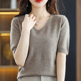 Zingj 2024 New Short-Sleeved Sweater Women's T-Shirt Solid Color V-Neck Short-Sleeved Bottom Shirt Top Thin Style A Hair-Outfit