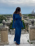 Round Neck Flare Long Sleeve Maxi Dress Women Solid Color Slim Wrap Hip Robes 2025 Fashion Female Vacation Party Vestido 211-1-Outfit