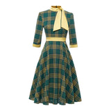 Green Plaid Hepburn Tunic Swing Dress With Bow Pocket A Line 1950s 60s Rockabilly Pinup Party Robe England Office