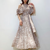 Japanese New Style Two Wear Women Vestidos 2022 Spring Robes Off Shoulder Drawstring Slim Waist Print Pleated