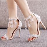 Sandals White Buckle Shoes Fine Heel Roman Sandals White Lace Heel