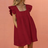 New Women Sweet Dress Summer Elegant Square Collar Puffles Sleeve Solid Mini Dress Ladies Casual Loose Pocket Beach