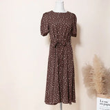 Spring Summer Womens Dress White Polka Dot Chiffon Midi Dress Belt Slim Waist vestido de mujer