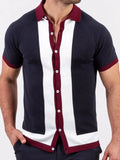 Mens Fashion Buttoned Lapel Tops Streetwear Vintage Patchwork Knitted Shirt For Men 2021 Casual Loose Short Sleeve