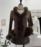 Real Shooting Babes V Collar Hair Spliced Knitted Cardigan Women Autumn And Winter Decoration Slim Coat Temperament Coat