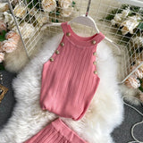 Women's Knitting O-neck Off-shoulder Tank Tops Female Bodycon Knitted Buttons Camisole Sleeveless Tee shirts