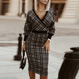 Women Long Sleeve V-neck Waist Commuter Office Dress Autumn Elegant Lady Dresses Casual Plaid Print Slim Stitching Long