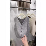 Solid Color Sleeveless Cardigan Knitted Vest 2024 Autumn And Winter New Style Folded Sweater Women's