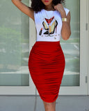 Women Sexy Sleeveless Top & Ruched Midi Skirt Set Two Piece Dress Suit Ladies Bodycon Skirts