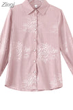 Women Shirts Polo Neck Silk Print Floral Vintage Top Button Up Shirt Satin Long Sleeve Blouse Ladies Tops Female Basic OL