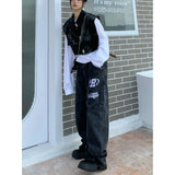 street clothing retro trend pocket jeans female letter star print high waist casual oversized straight pants