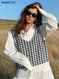 V-neck Sweaters Women Sleeveless Print Casual Y2K Loose England Style Patchwork Knit Autumn Winter Tank Tops