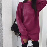 Loose Solid Long Slevee Women's Split Dress 2021 Autumn Winter Fashion Turtleneck Elegant Lady Mid-length Dress Plus