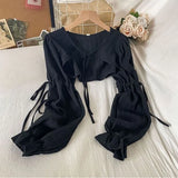 Women Summer Y2k Aesthetic Bandage Grunge Shirts Harajuku Solid Vintage Crop Top Sexy Streetwear Lantern Sleeve