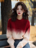Red Apricot Gradient Round-Neck Sweater Women's 2025 New Winter Knitted Shirt Unique Super-Looking